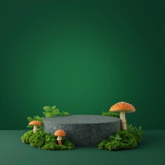 A versatile natural composition with a stone podium, mushrooms, and green moss arranged on a deep gradient green background.