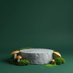A versatile natural composition with a stone podium, mushrooms, and green moss arranged on a deep gradient green background.