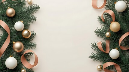 pine branches, matte finish white Christmas baubles, glossy golden ornaments, dusty pink ribbon touches, 