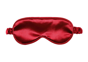 Shiny, smooth, dark red satin sleep mask lies centered on black background