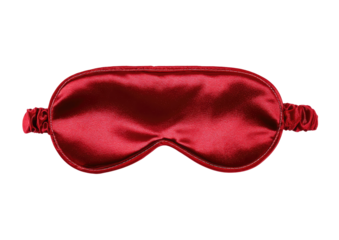 Shiny, smooth, dark red satin sleep mask lies centered on black background