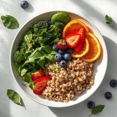 nutritious meal plate filled with an assortment of green vegetables such as broccoli, kale, and spinach, accompanied by a variety of colorful fruits like strawberries, blueberries, and sliced oranges,