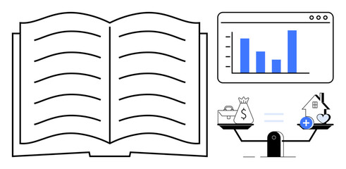 Knowledge concept. Open book, data chart, and balance scale combine of analytics, education, and wealth management. Knowledge connects learning, decision-making and personal growth. For education