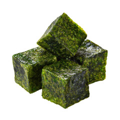 Stack of four green, seaweed-covered cubes on a black background