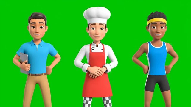 Animated characters in different professions on green screen