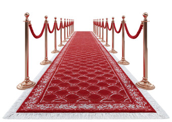 Red carpet with gold stanchions, ropes guides a path forward