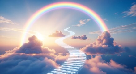 Ethereal Stairway to Heaven Ascends Through Radiant Rainbow and Dreamlike Clouds.