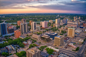 Aerial View of Saskatoon, Saskatchewan during Dusk