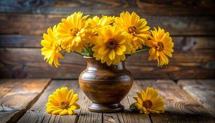 Vase of radiant yellow flowers on weathered wooden planks. Suitable for spring decor, interior design, floral background, and naturethemed projects.