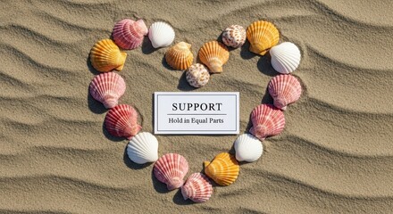 Seashells arranged in a heart shape on a sandy beach with a SUPPORT message card in the center