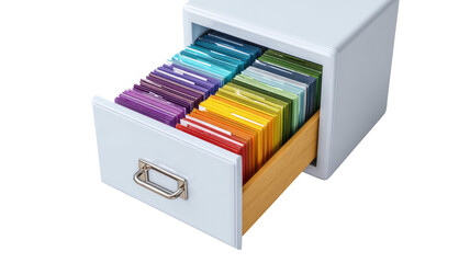 File drawer, open, bursting with colorful hanging folders in rainbow order