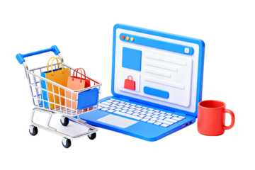 Online Shopping with Laptop and Shopping Cart