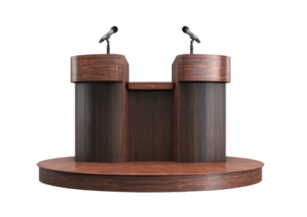 Brown wooden podium with two microphones against a black backdrop