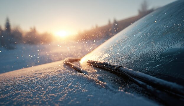 Snowy car windshield with ice and frost at sunrise.