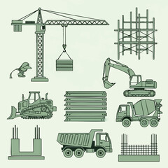 Construction equipment and building materials icons set.