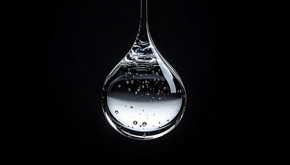 A single clear liquid drop suspended from a pipette tip, showcasing tiny bubbles, in a high-contrast, dark background, studio-lit, macro photography style.