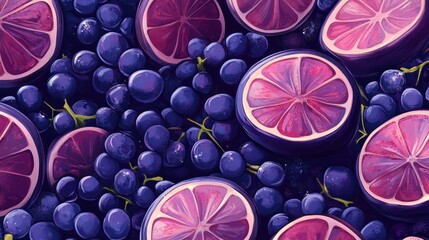 Purple grapes and citrus slices, overhead studio shot, vibrant background, food blog