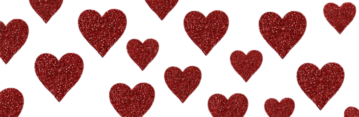 Maroon glitter hearts scattered on a black background, various sizes
