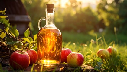 Bottle of apple cider and apples in a garden, perfect for fall harvest, fresh beverages, seasonal drinks, cozy vibes.
