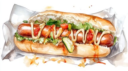 Watercolor hot dog, mustard, ketchup, lettuce, studio shot, food illustration, menu