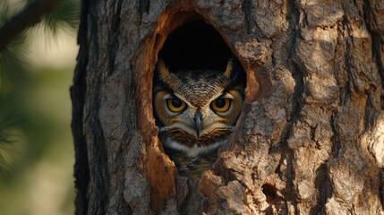 Owl peering from tree hollow, forest background, wildlife nature photography