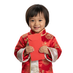 Smiling Asian Child Wearing Traditional Red Outfit Holding Red Envelope, Cultural Festival Concept, Isolated on White Background