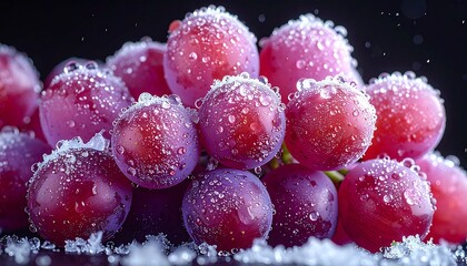 Frozen red grapes cluster covered in ice crystals on black background, winter, close-up, vibrant, macro photography, still life, dessert, fruit