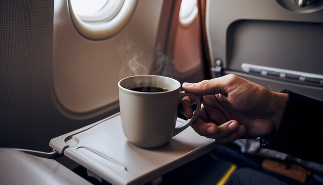 Close-up of a person holding a steaming hot drink (coffee or tea) in a mug on a lowered tray table inside an airplane cabin near the window. Travel and comfort concept.