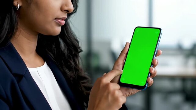 Young Indian business woman using smartphone with green screen for chroma key compositing, browsing social media or online content, close up of female hand holding mobile phone with blank display.