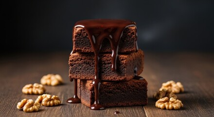 Decadent stack of fudgy brownies with glossy chocolate ganache dripping down, a tempting dessert.