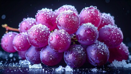 Frozen red grapes cluster with dew and ice crystals on dark background, vibrant colorful vivid artistic still life