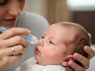 Mother using a nasal aspirator to clean her baby's nose at home. Caring parent performing nasal hygiene for an infant with a cold or congestion. Healthcare and medical treatment for newborns.