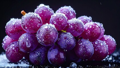 Cluster of ripe red grapes with dew drops on dark background, macro photography, realistic style, vineyard harvest scene