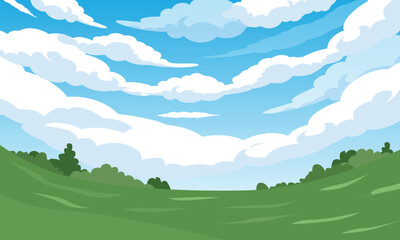 Obraz premium Sunny Blue Sky Landscape with Green Hills and White Clouds Vector Illustration