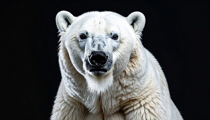 Majestic polar bear with piercing eyes and white fur gazing directly at the camera in a dramatic low-key studio portrait against a dark mysterious background.