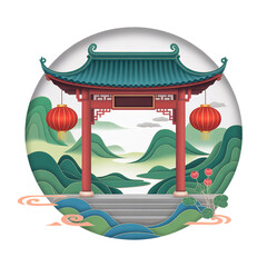 Traditional Chinese Gate with Red Lanterns and Mountains, Asian Architecture Illustration, Cultural Oriental Design, Isolated on Transparent Background