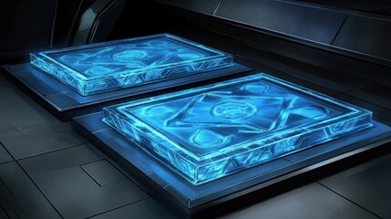 Futuristic energy cores glow in spaceship control room