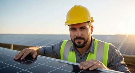 Focused male engineer in yellow hard hat and safety vest inspects solar panel outdoors at sunset