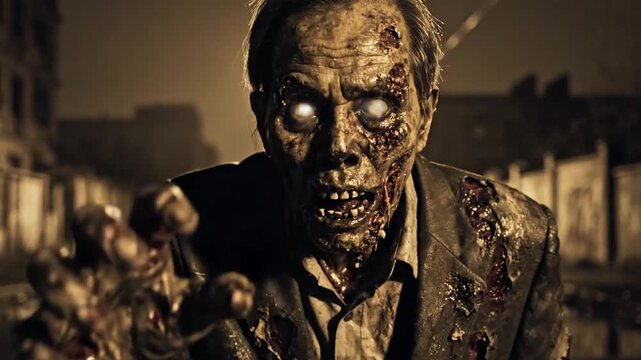 Zombie outbreak horror scene with undead man in suit.