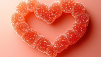 Heart-shaped candy arrangement on peach background, Valentine's Day