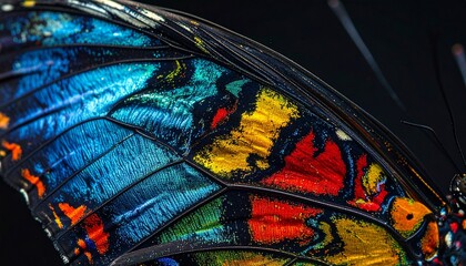 Vibrant stained-glass butterfly wing close-up with intricate patterns and colors in abstract artistic style on dark background