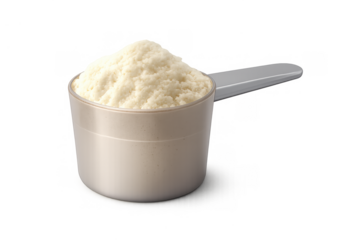 Protein powder scoop with white supplement for fitness, bodybuilding, and healthy nutrition, isolated with transparent background