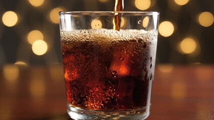 Refreshing dark beverage with ice cubes being poured into a clear glass creating effervescent bubbles and a delightful splash set against a warm blurred background of festive bokeh lights perfect for. - Powered by Adobe