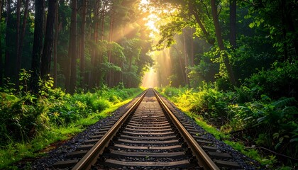 Obraz premium Enchanting Forest Railway Track Bathed in Golden Sunlight.