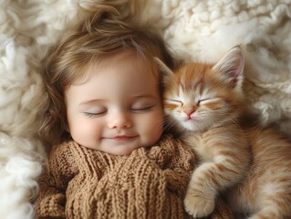 Adorable baby sleeping peacefully next to a cute ginger kitten, both napping together on a soft, fluffy blanket, conveying a sense of innocence and comfort.