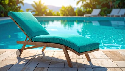 Summery image of a turquoise lounge chair poolside. Perfect for travel brochures, vacation websites, and summer outdoor lifestyle promotions.