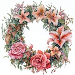 Floral Wreath Lilies, Roses, Watercolor, Design, Blank