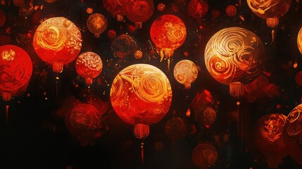 Festive red lanterns floating, dark background, celebration, digital art