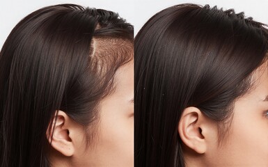 Before and after hair treatment showing improved scalp health and reduced visible thinning.