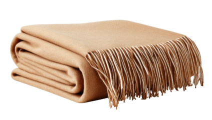 Folded beige blanket with white fringe, textured fabric, cozy and soft look